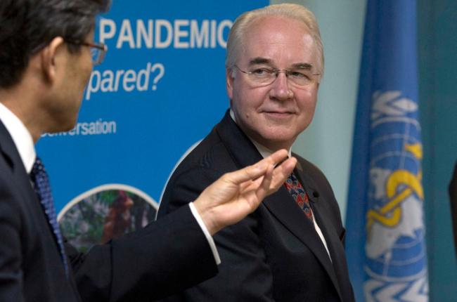 U.S. Health and Human Services Secretary Tom Price, right, listens during an event titled "The Next Pandemic" at the World Health Organization office in Beijing Monday, Aug. 21, 2017. [Photo: AP]