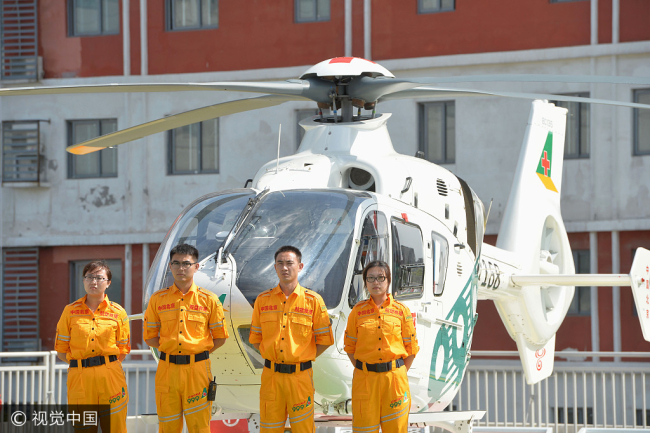 Medical staff stand in front of an ambulance helicopter at the China-Japan Friendship Hospital in Beijing on August 29, 2017. [Photo: VCG]