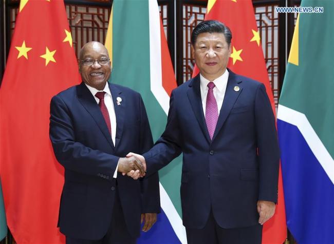 Chinese President Xi Jinping meets with his South African counterpart Jacob Zuma in Xiamen, southeast China's Fujian Province, Sept. 4, 2017. Zuma is in Xiamen to attend the ninth BRICS summit scheduled for Sept. 3-5. [Photo: Xinhua]