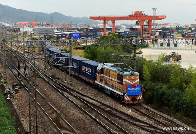Photo taken on Sept. 9, 2017 shows a Chinese Railway Express cargo train leaving for Prague, the Czech Republic, from Yiwu, east China's Zhejiang Province. [Photo: Xinhua]