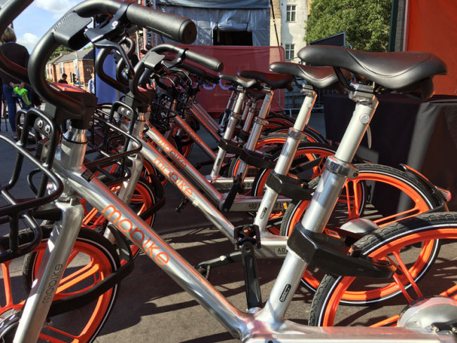 Chinese bike-sharing company Mobike launches its first batch of 750 bikes in the west London borough of Ealing on Tuesday, September 12, 2017. 