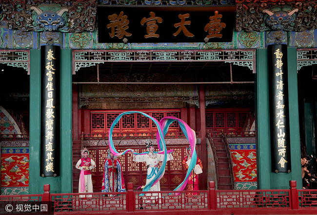 Actors perform on the stage at the newly reopened Changyin Pavilion in the Forbidden City on Tuesday September 19, 2017.