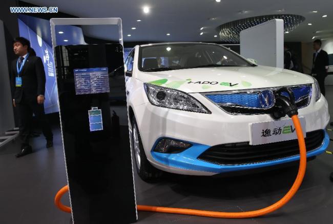 China's Chang'an electric car is displayed at 2015 Shanghai International Automobile Industry Exhibition in Shanghai, China, April 22, 2015.[Photo: Xinhua]