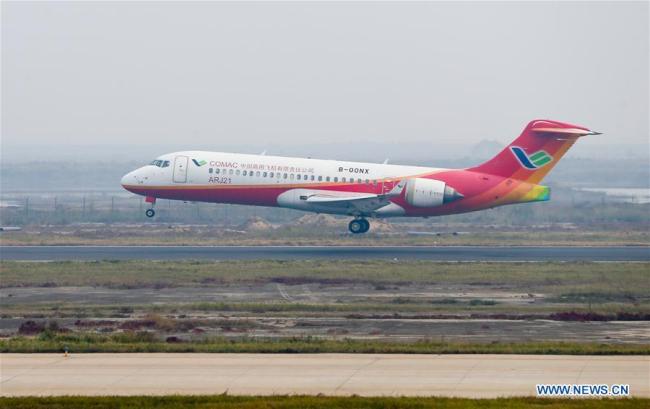 An ARJ21-700 plane lands after a test flight at an airport in Dongying, east China's Shandong Province on October 14th, 2017. The Chinese-developed regional jetliner, which has the BeiDou navigation system installed, has successfully completed a test flight, the Commercial Aircraft Corporation of China (COMAC) said Saturday. [Photo: news.cn]