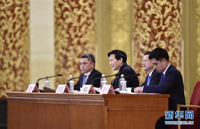 Tuo Zhen, spokesperson for the 19th National Congress of the Communist Party of China, is holding a press conference on Tuesday afternoon at the Great Hall of the People in Beijing. [Photo: Xinhua]
