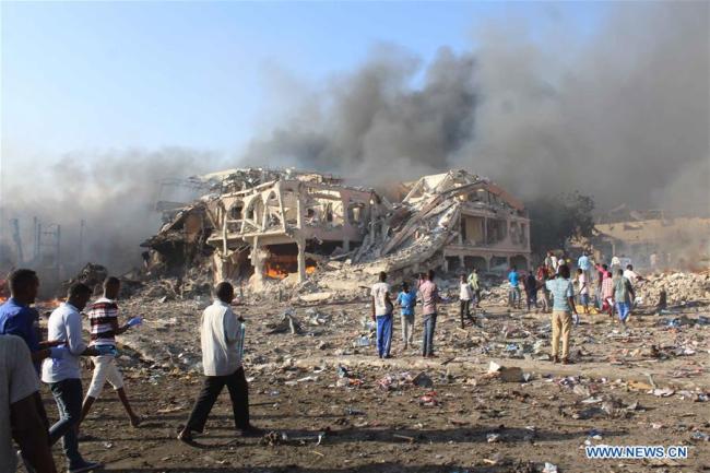 Photo taken on Oct. 14, 2017 shows the explosion site near Safari hotel in Mogadishu, capital of Somalia. At least 276 people were killed and more than 300 others injured in the bombing that happened on Saturday in a shopping area of Mogadishu, making it the deadliest single attack in Somalia's history. [Photo: Xinhua]