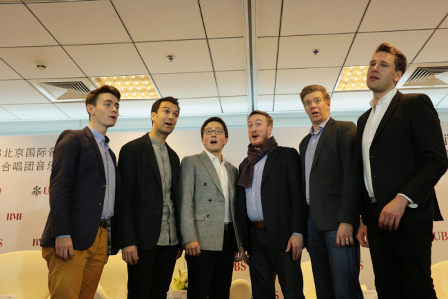 "The King's Singers" give an impromptu performance for the media on Tuesday, Oct 17, 2017, just one day ahead of their formal show in Beijing. [Photo: China Plus]