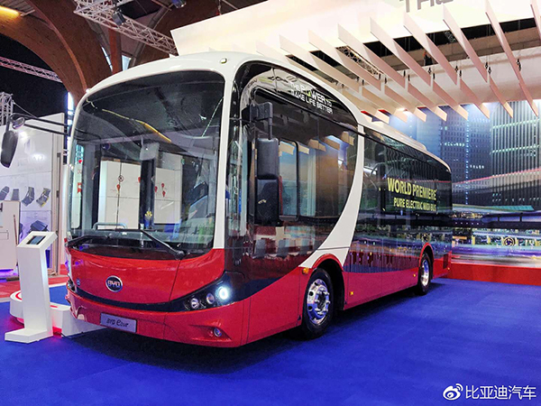 BYD launches its first 8.7-meter pure electric minibus at the 2017 Busworld Kortrijk. [Photo: Sino Weibo]