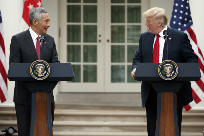 Singapore's Prime Minister Lee Hsien Loong speaks during a joint statement with President Donald Trump in the Rose Garden of the White House, Monday, Oct. 23, 2017, in Washington. [Photo: AP /Evan Vucci]