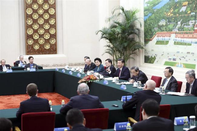 Chinese President Xi Jinping meets with members of the advisory board of the elite Tsinghua University's School of Economics and Management at the Great Hall of the People in Beijing, capital of China, Oct. 30, 2017. [Photo: Xinhua/Ju Peng]