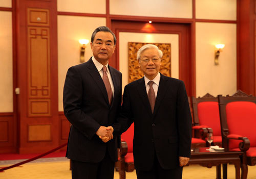 Chinese Foreign Minister Wang Yi meets with General Secretary of the Communist Party of Vietnam Central Committee Nguyen Phu Trong on Friday. [Photo: fmprc.gov.cn]