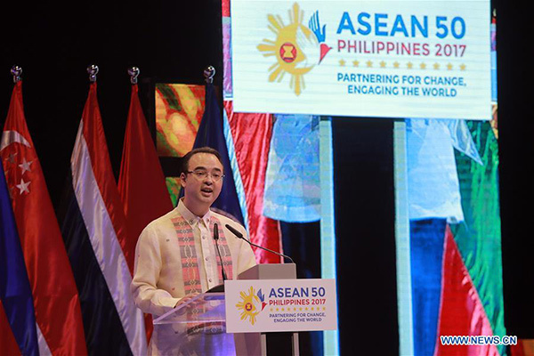 Philippine Foreign Secretary Alan Peter Cayetano speaks during the grand celebration of the 50th anniversary of the founding of the Association of Southeast Asian Nations (ASEAN) in Manila, the Philippines, Aug 8, 2017. [Photo: Xinhua] 