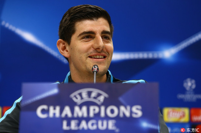 Goal keeper of Chelsea Thibaut Courtois and Head coach of Chelsea Antonio Conte (not seen) hold a press conference ahead of the UEFA Champions League Group C soccer match between Qarabag and Chelsea, at Bakcell Arena in Baku, Azerbaijan on November 21, 2017. [Photo: IC]
