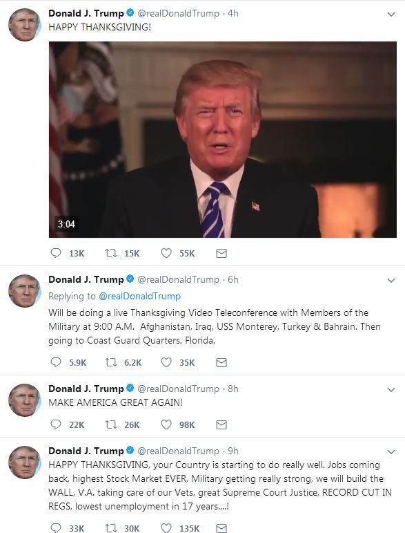 U.S. President Donald Trump's latest tweets for Thanksgiving [Screenshot: China Plus]