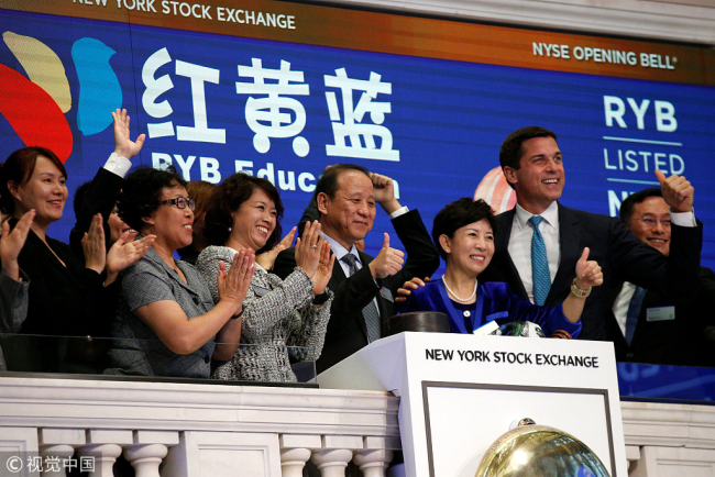 RYB Education rings the opening bell on the New York Stock Exchange on September 27, 2017. [Photo: VCG]