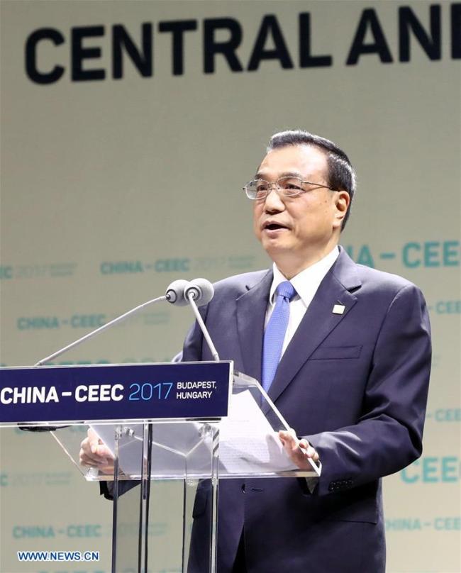 Chinese Premier Li Keqiang delivers a speech at the opening ceremony of the seventh China and the Central and Eastern European countries (CEEC) Economic and Trade Forum in Budapest, Hungary, Nov. 27, 2017. [Photo: Xinhua/Ju Peng]