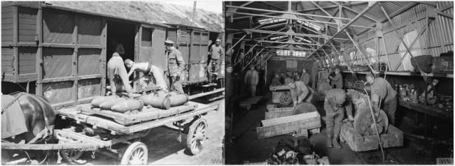 Chinese workers loading 9.2 inch shells onto an ammunition train at Boulogne (left) Mechanics of the 51st Chinese Labour Company repairing engines at Tank Corps Central Workshops, Teneur, 1918 [Photos: IWO, London]