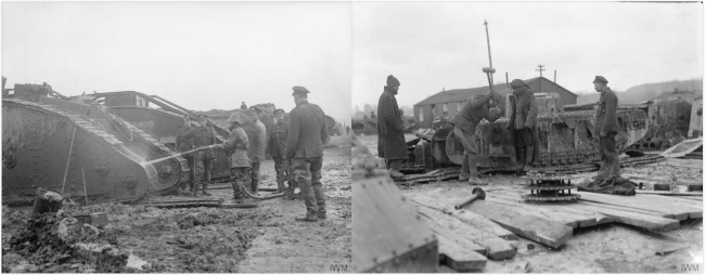 Chinese labourers washing tanks (left) and salvaging parts at the Central Workshops, Tank Corps, Teneur, 1918 (right) [Photos: IWM, London]