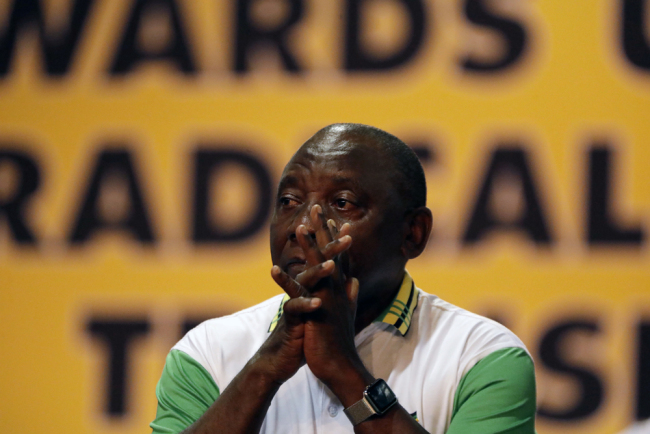 The newly elected African National Congress (ANC) President, Cyril Ramaphosa, reacts after it was announced that he had won the vote at the ANC's elective conference in Johannesburg, Dec. 18, 2017. [Photo: AP/Themba Hadebe]