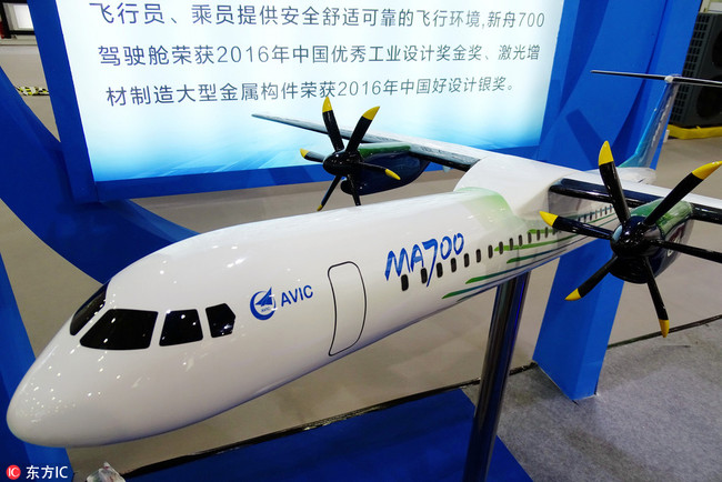 A MA700 plane model  is on diaplay at the 1st China Industrial Design Exhibition held in Wuhan ,central China's Hubei Province, Dec. 2, 2017. [Photo:IC]