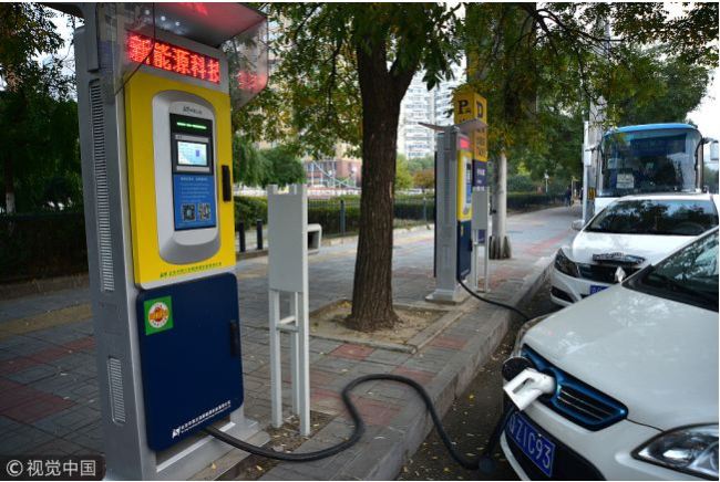 An electric car is being charged at a public charging post in Beijing. [Photo: VCG]