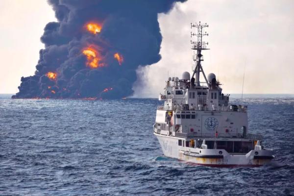 Panama-registered oil tanker Sanchi is rocked by another partial explosion on Sunday, January 14, 2018. [File photo: Ministry of Transport]