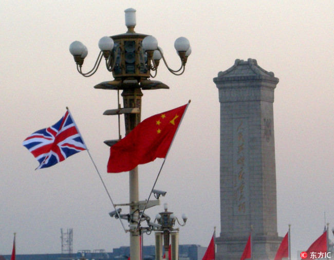 The Union Jack and the Chinese national flag flutter on Tiananmen Square in Beijing, China. [Photo: IC]