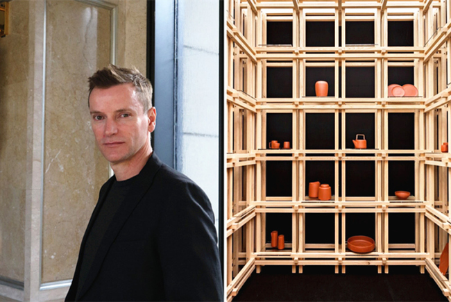 British designer Christopher Jenner (left) [Photo: China Plus/Sang Yarong] The ceramic tea ware produced by Christopher Jenner (right) [Photo provided to China Plus]