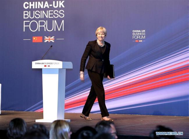 British Prime Minister Theresa May attends the China-UK Business Forum in Shanghai, east China, Feb. 2, 2018. [Photo: Xinhua]