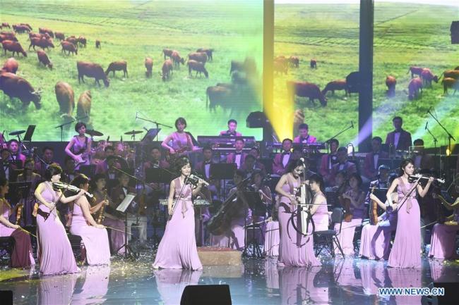 The Samjiyon orchestra members give performance in the Arts Center of Gangneung, South Korea, on Feb. 8, 2018. The Samjiyon orchestra from the Democratic People's Republic of Korea (DPRK) staged a performance in the South Korean city of Gangneung on Thursday night before the opening of the PyeongChang Winter Olympics. [Photo: Xinhua/Pool]