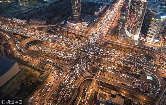 An aerial view of the traffic jams in Beijing at night. [File Photo: VCG]