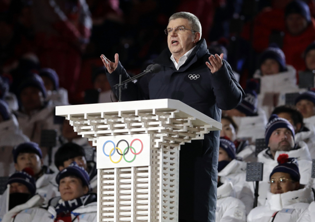 IOC president Thomas Bach speaks during the opening ceremony of the 2018 Winter Olympics in Pyeongchang, South Korea, Feb. 9, 2018. [File Photo:AP/Vadim Ghirda]