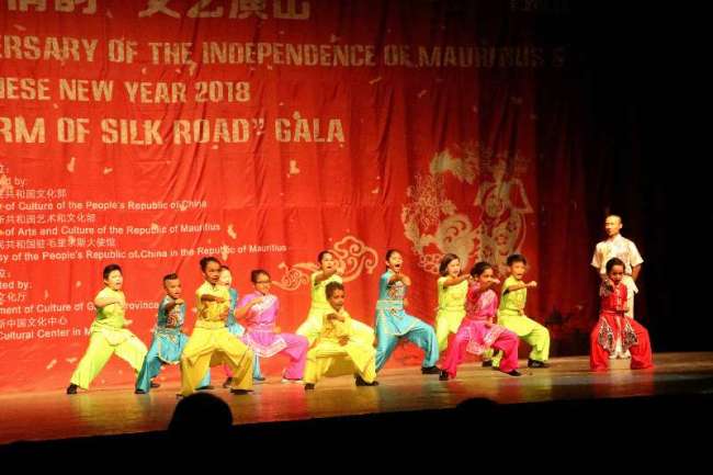 The martial arts team from the China Cultural Center in Mauritius performs at  "the Charm of Silk Road" Gala held in Vacoas-Phoenix, Mauritius on Friday, February 16, 2018. [Photo: Provided by the China Cultural Center in Mauritius to China Plus]