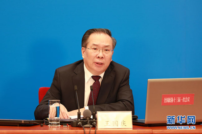 Wang Guoqing, spokesperson for the first session of the 13th Chinese People's Political Consultative Conference (CPPCC) National Committee, speaks during a press conference at the Great Hall of the People in Beijing, on Friday, March 2, 2018. [Photo: Xinhua]
