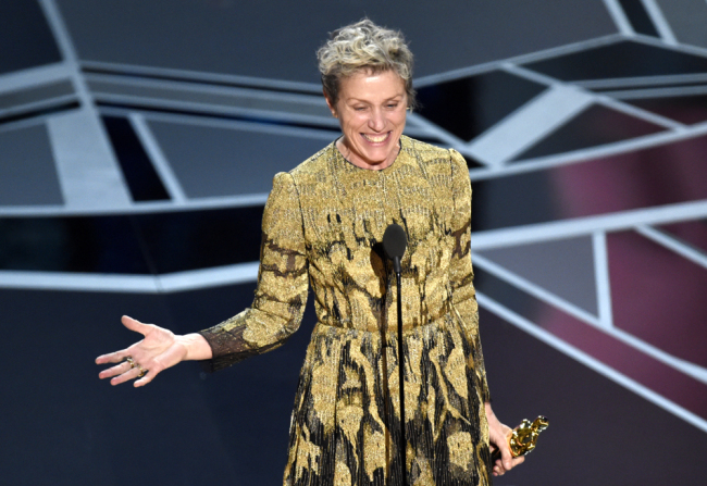 Francis McDormand accepts the award for best performance by an actress in a leading role for "Three Billboards Outside Ebbing, Missouri" at the Oscars on Sunday, March 4, 2018, at the Dolby Theatre in Los Angeles. [Photo: AP]