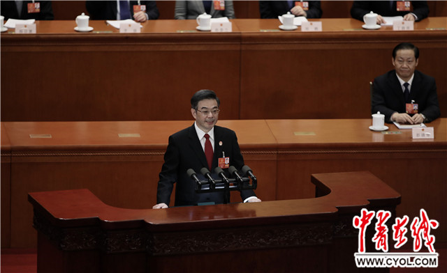 Chief Justice Zhou Qiang delivers a work report of the Supreme People's Court at the second plenary meeting of the first session of the 13th National People's Congress at the Great Hall of the People in Beijing, capital of China, March 9, 2018. [Photo: cyol.com] 