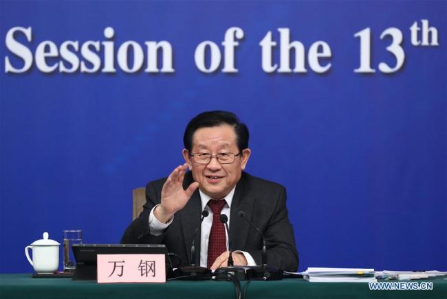 Minister of Science and Technology Wan Gang answers questions at a press conference on speeding up the construction of innovative country on the sidelines of the first session of the 13th National People's Congress in Beijing, capital of China, March 10, 2018. [Photo: Xinhua]
