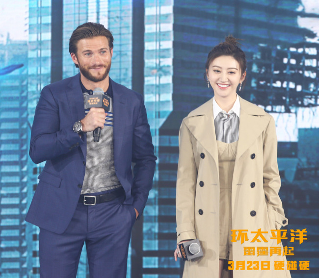 Actor Scott Eastwood and Chinese actress Jing Tian attended a promotional event in Beijing for "Pacific Rim Uprising" on Monday, March 12, 2018. [Photo: China Plus]