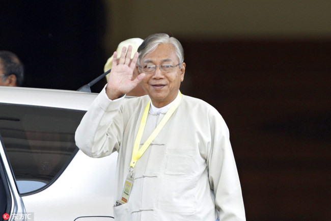 U Htin Kyaw, President of Myanmar, leaves after a parliament session in Naypyitaw, Myanmar, March 15, 2016. [Photo: IC]