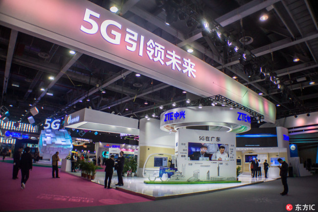 ZTE displays its 5G technologies at the 2017 China Mobile Worldwide Partner Conference in Guangzhou, Guangdong Province. [File Photo: IC]