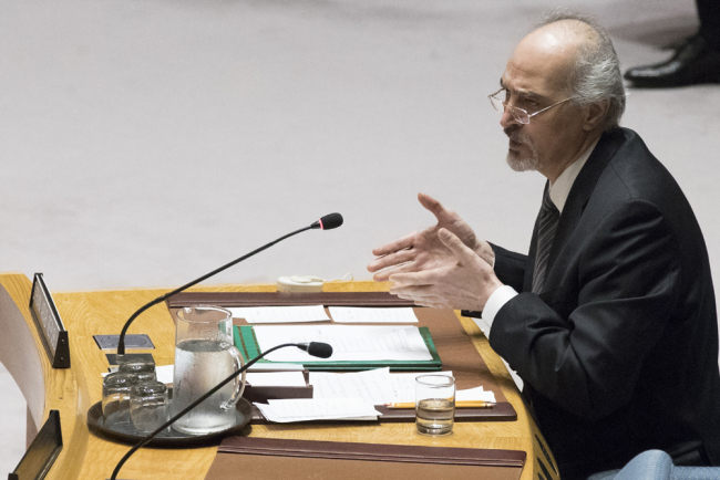 Syrian Ambassador to the United Nations Bashar Ja'afari speaks during a Security Council meeting on the situation in Syria, Saturday, April 14, 2018 at United Nations headquarters. [Photo: AP/Mary Altaffer]