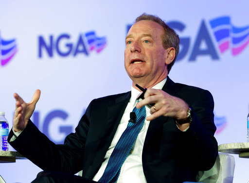 Microsoft President Brad Smith speaks during the panel Economic Development at the National Governor Association 2018 winter meeting in Washington on Feb. 25, 2018. [File photo: AP]