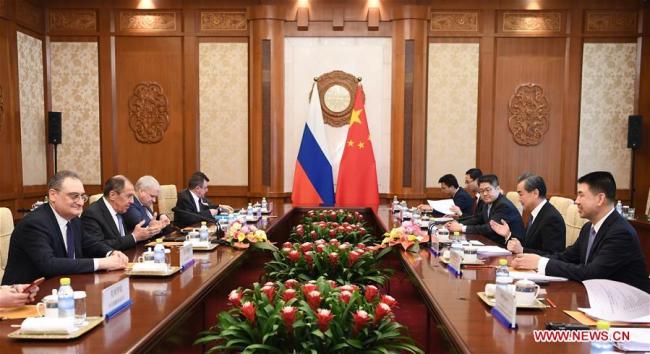 Chinese State Councilor and Foreign Minister Wang Yi holds talks with Russian Foreign Minister Sergei Lavrov in Beijing, capital of China, April 23, 2018. [Photo: Xinhua]