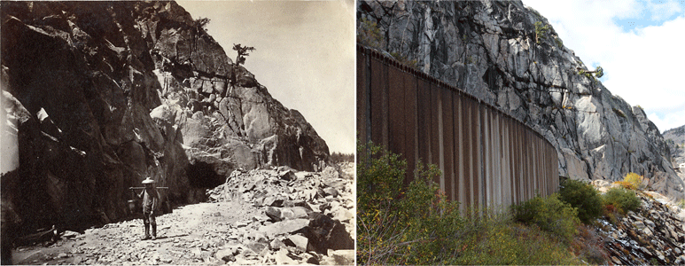 On the left, a Chinese railroad worker carried water in a wooden pole at Heading of East Portal, Tunnel No.8, from Donner Lake Railroad, Western Summit. On the right, it is a photo paired by Chinese photographer Li Ju. [Photo (left): Alfred Hart/Photo (right): Li Ju]