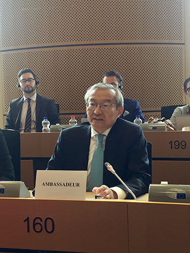 Chinese ambassador to EU Zhang Ming speaks at the Committee on International Trade of the EU Parliament on April 23, 2018. [Photo: fmprc.gov.cn]