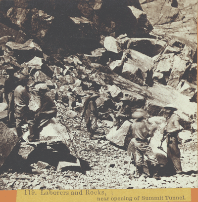 Labourers and Rocks near opening of Summit Tunnel.[Photo: Alfred Hart/Courtesy of Li Ju]