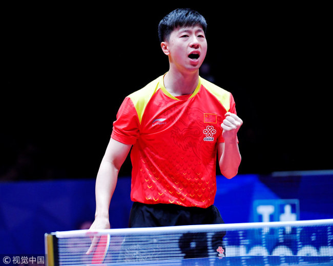 Ma Long of China plays against Mattias Karlsson of Sweden during the men's semifinal at the World Team Table Tennis Championships in Halmstad, Sweden, on May 5, 2018. [Photo: VCG]