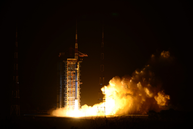 The Gaofen-5 satellite is launched off the back of a Long March 4C rocket from the Taiyuan Satellite Launch Center in Shanxi Province at 2:28 a.m. Beijing Time on Wednesday, May 9, 2018. [Photo: China Plus]