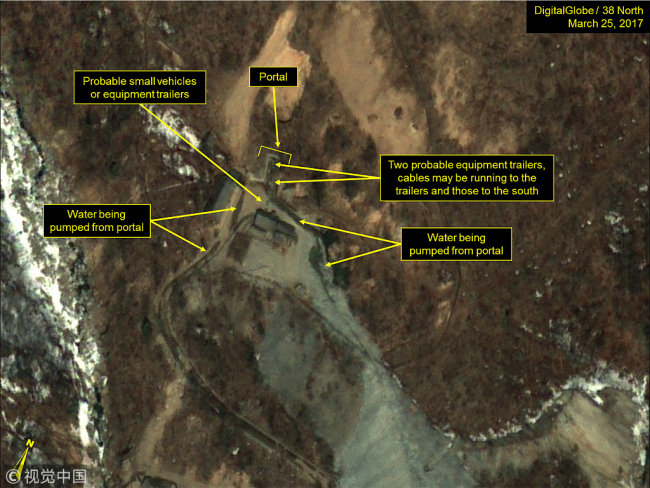 Probable cabling and water drainage seen at the North Portal of the Punggye-ri nuclear test site in North Korea, March 25, 2017. [File photo: VCG]