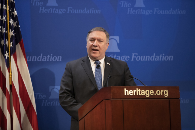 Secretary of State Mike Pompeo speaks at the Heritage Foundation, a conservative public policy think tank, in Washington, Monday, May 21, 2018. Pompeo issued a steep list of demands Monday that he said should be included in a nuclear treaty with Iran to replace the Obama-era deal, threatening "the strongest sanctions in history" if Iran doesn't change course. [Photo: AP/J. Scott Applewhite]